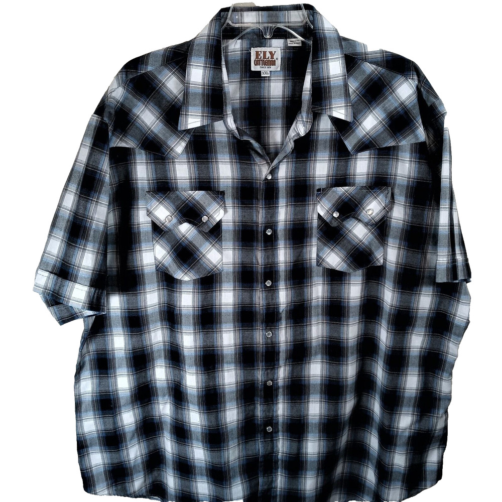 Ely Cattleman Pearl Snap Western Shirt Men's Size XXL Blue Plaid Short Sleeve